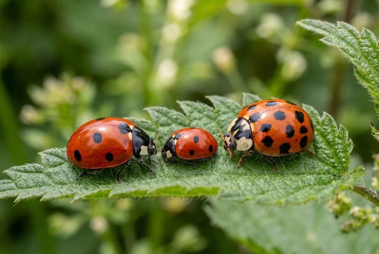 Multiple ladybird species on a garden leaf showing identification differences in a UK garden