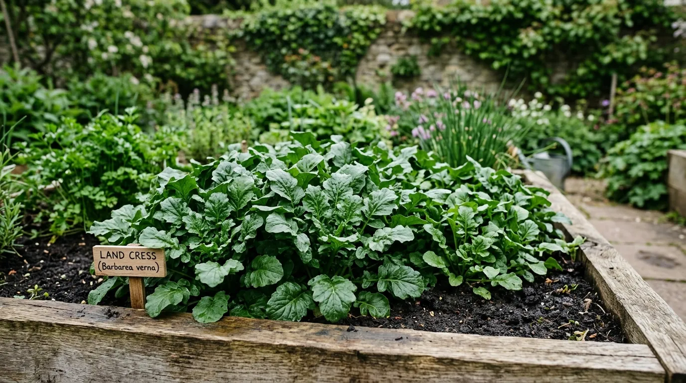 Land cress growing in a UK garden bed as an alternative to watercress