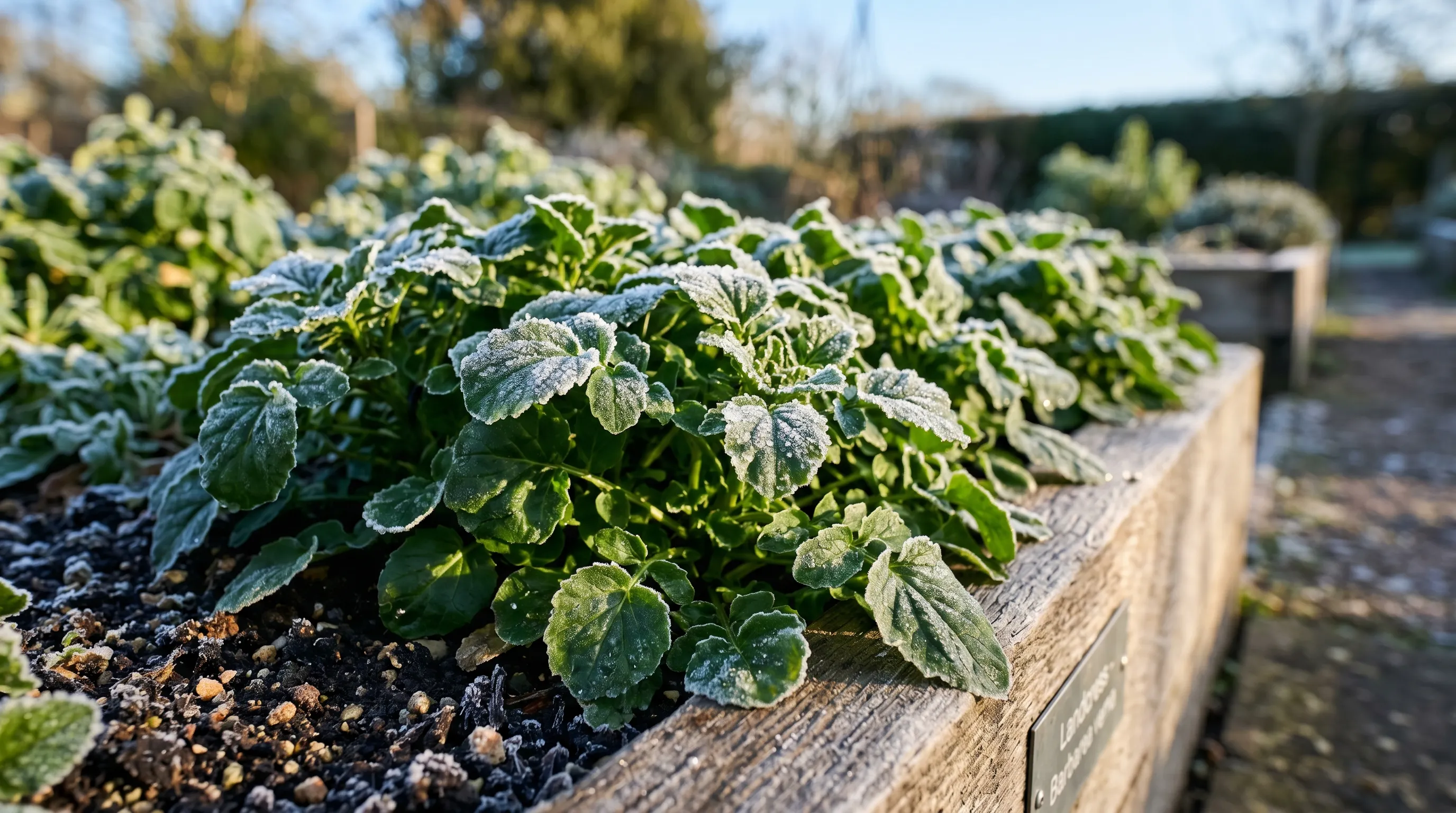 A row of glossy dark green landcress plants in a UK raised bed with a light frost glistening on the leaves in early January morning sun ready for cutting