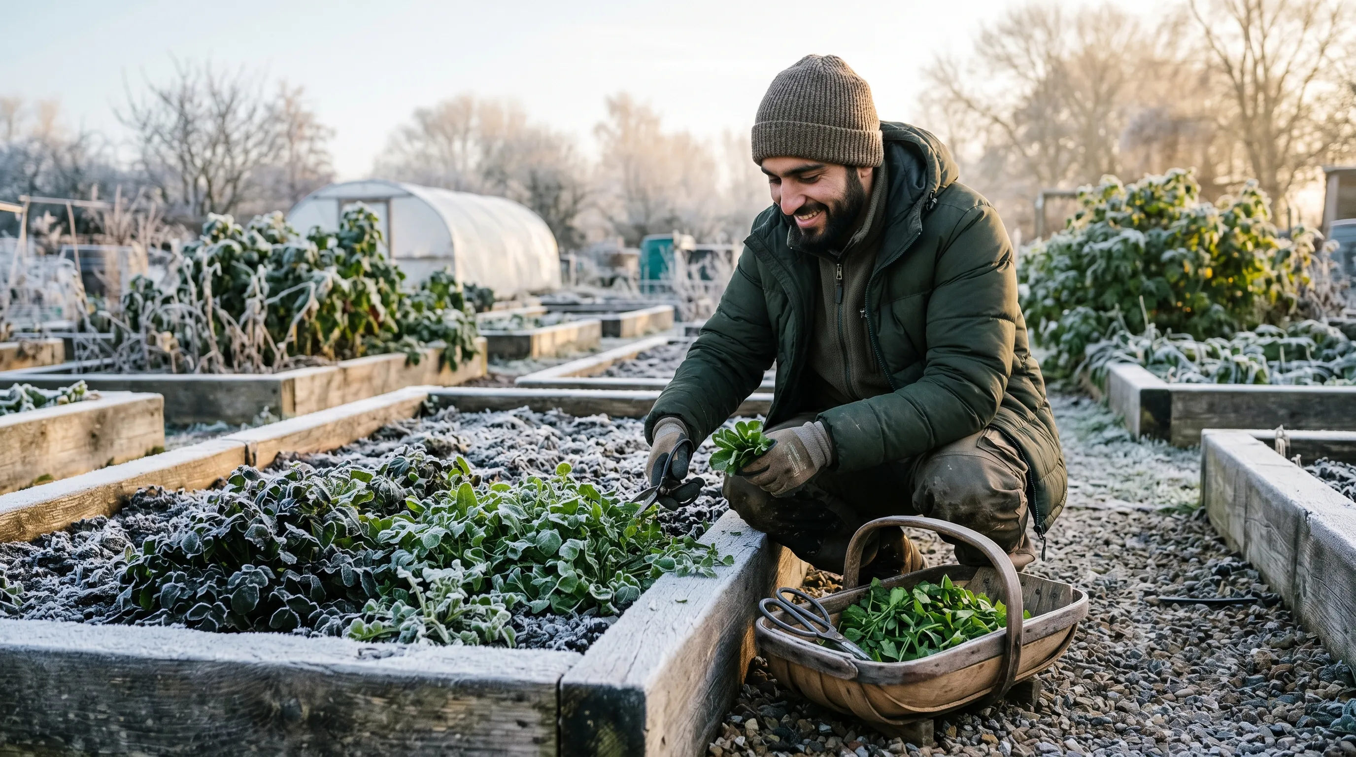 A UK gardener of Pashtun heritage in his late twenties wearing winter gardening clothes harvesting landcress with kitchen scissors from a raised bed on a frosty morning with a wooden trug beside him