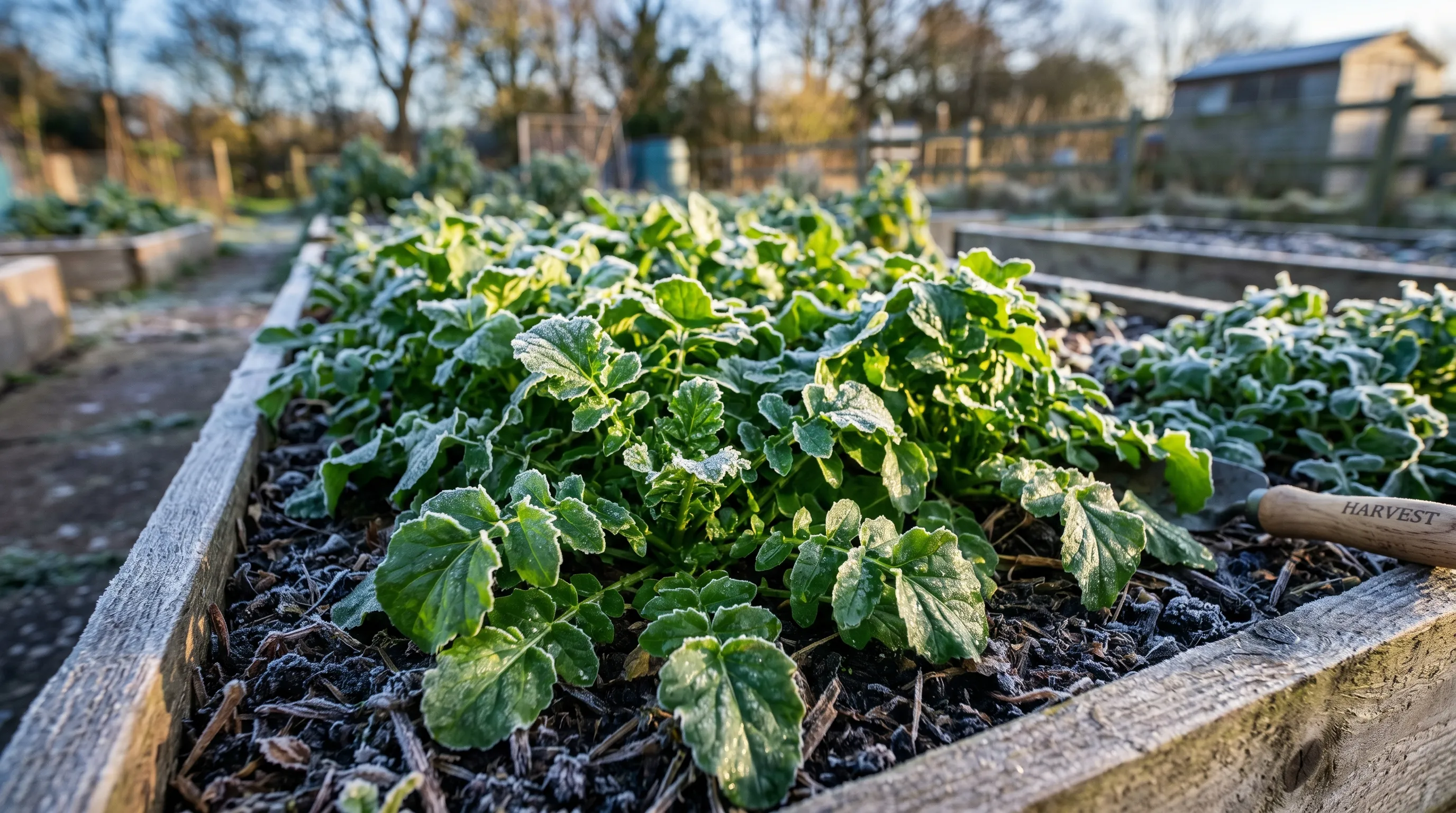Glossy green landcress leaves in a UK winter raised bed covered with a light frost showing the hardy peppery salad ready for cutting in January