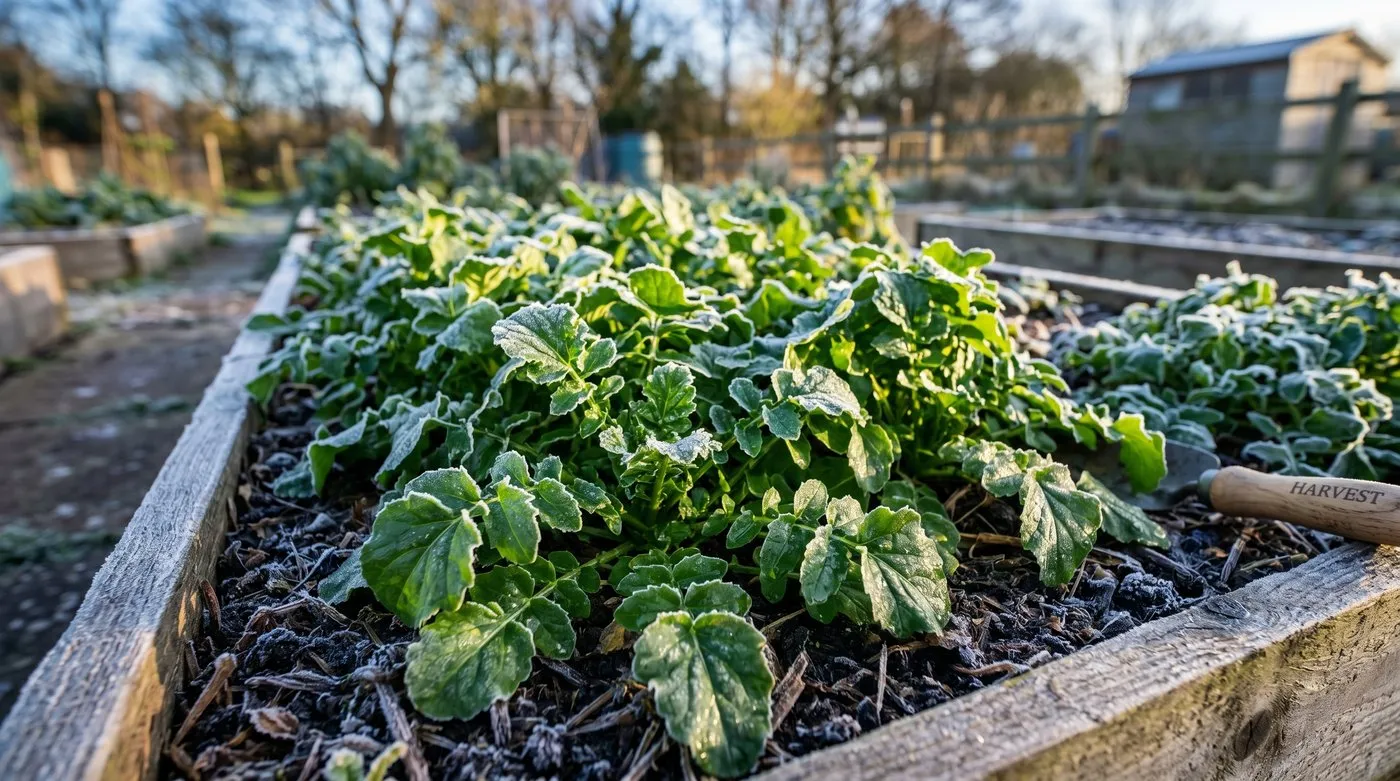 Glossy green landcress leaves in a UK winter raised bed covered with a light frost showing the hardy peppery salad ready for cutting in January