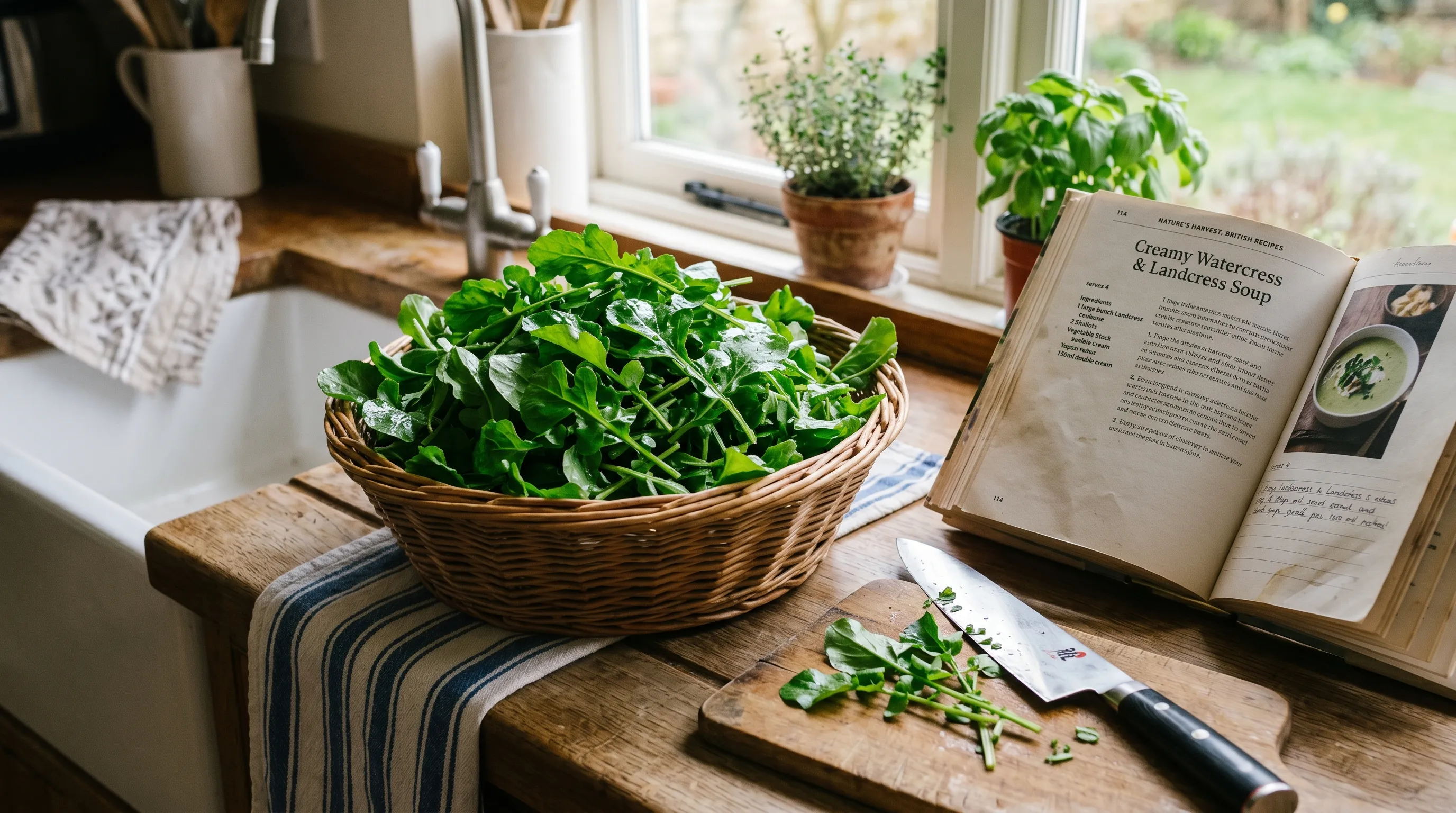 A wicker bowl of fresh-cut landcress leaves on a UK kitchen counter with a sharp knife alongside and a cookbook open showing a watercress soup recipe in soft afternoon light