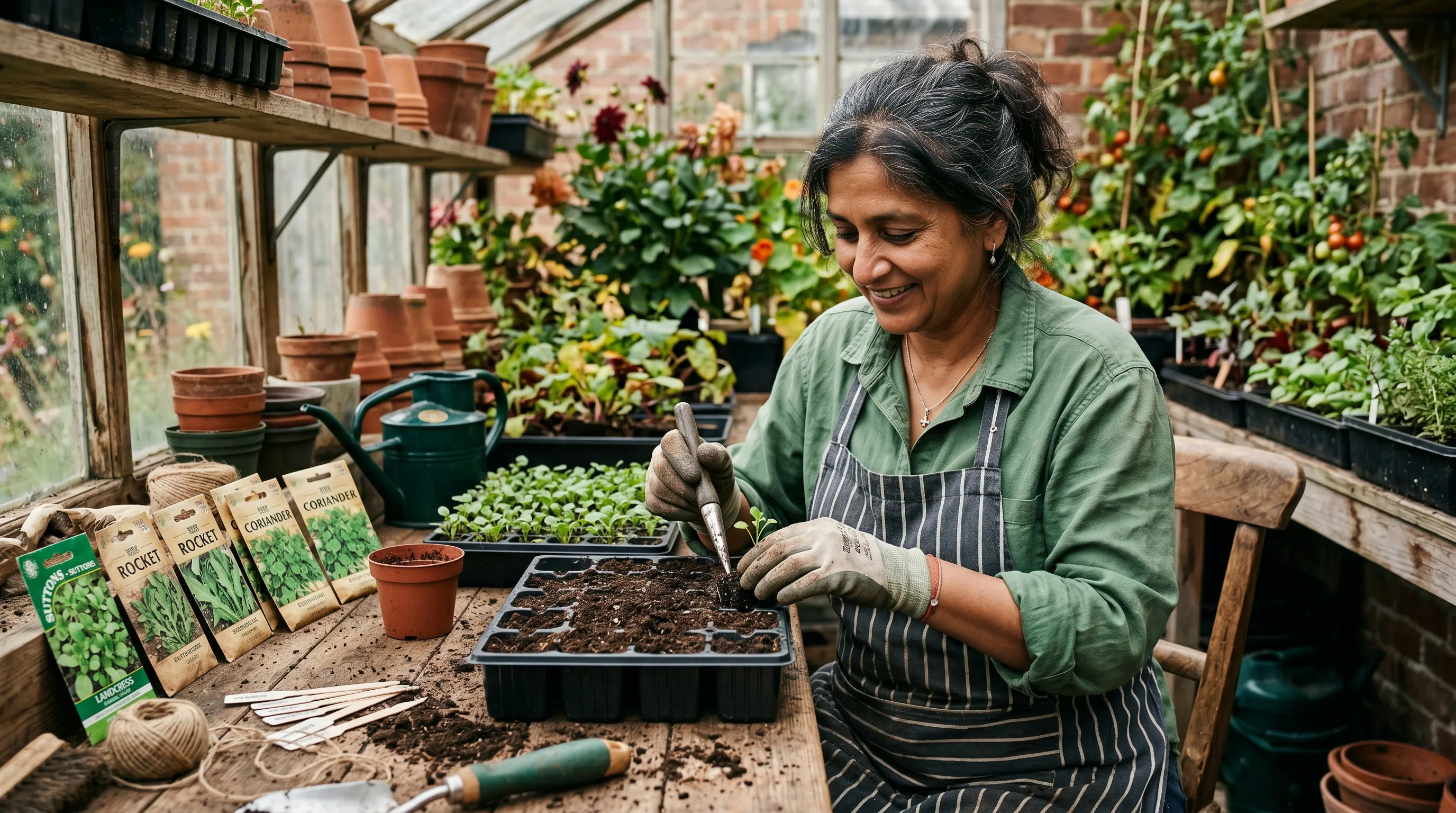 A UK gardener of Indian heritage potting on landcress seedlings into a 6-cell modular tray with peat-free compost on a wooden potting bench in late summer with seed packets visible nearby