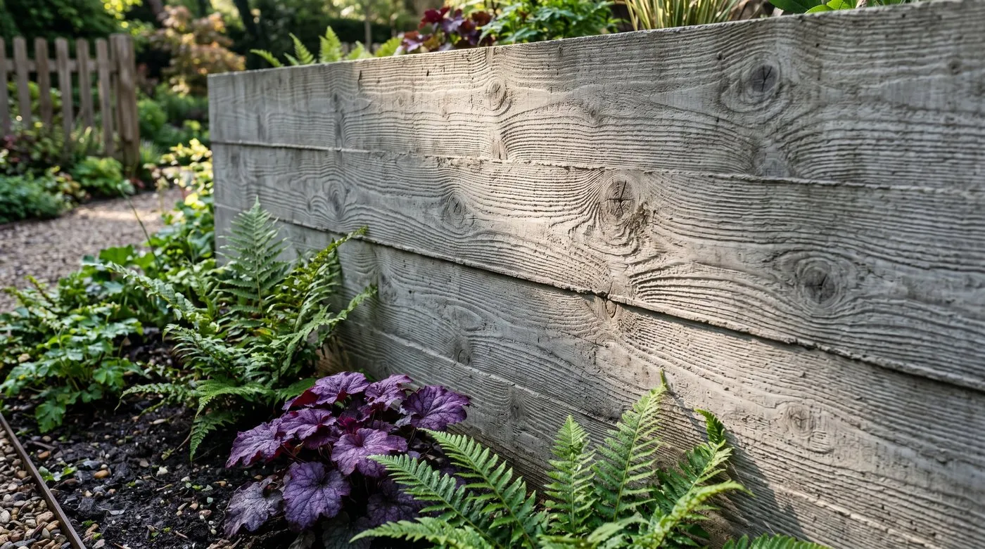 Board-formed concrete retaining wall showing timber grain texture beside garden planting