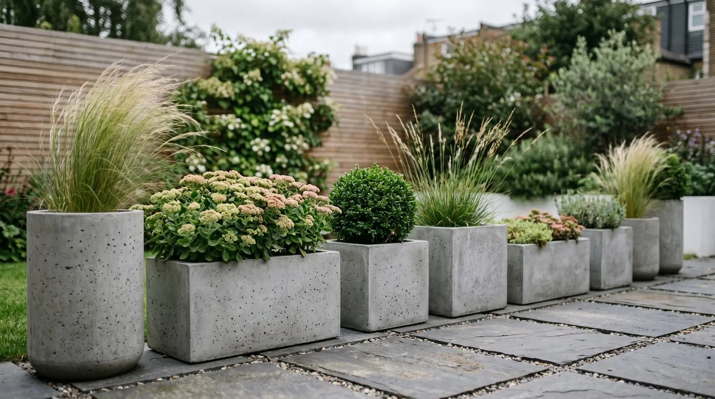 Cast concrete planters of varying heights filled with grasses on a contemporary UK terrace
