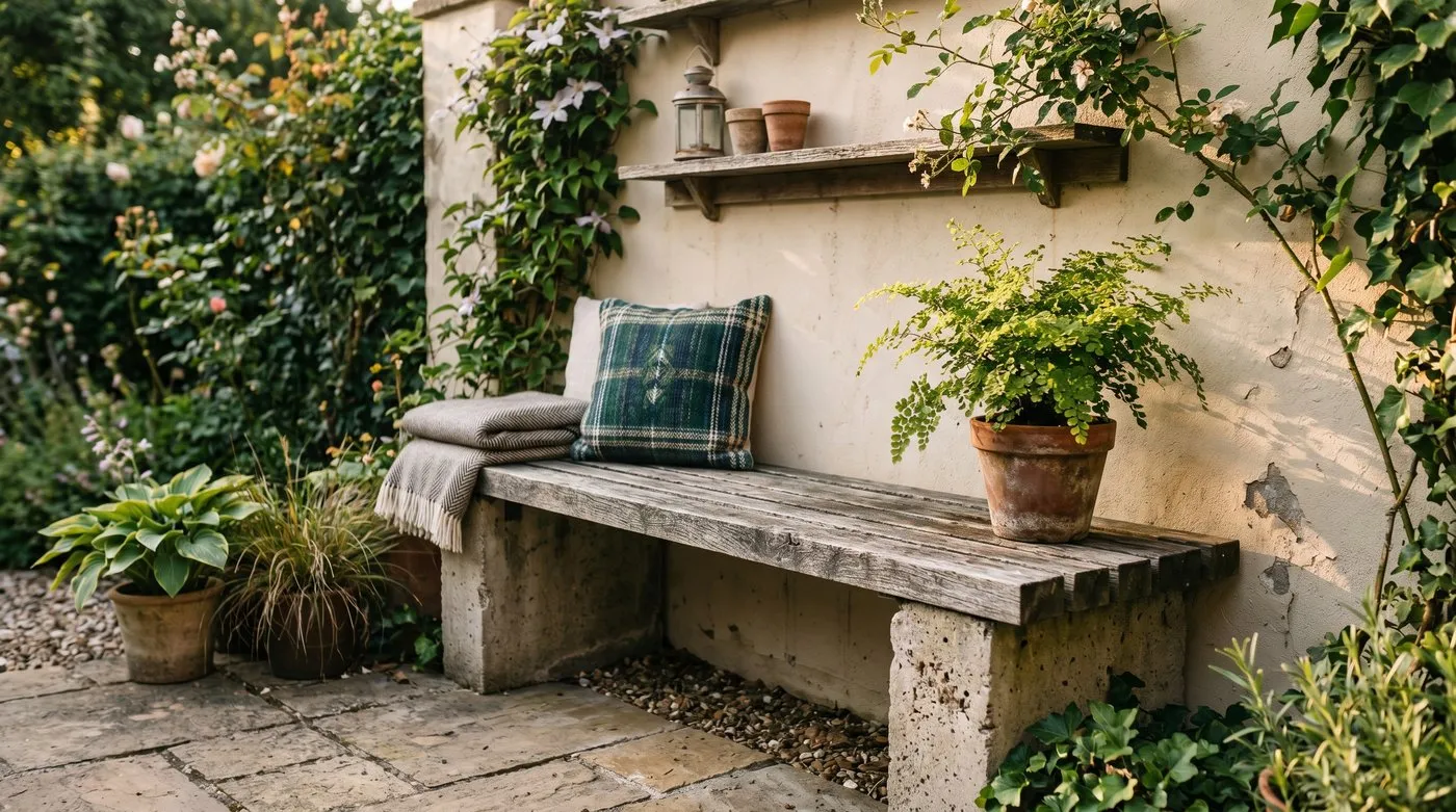 Cast concrete bench seat softened with timber slats on a sheltered UK patio