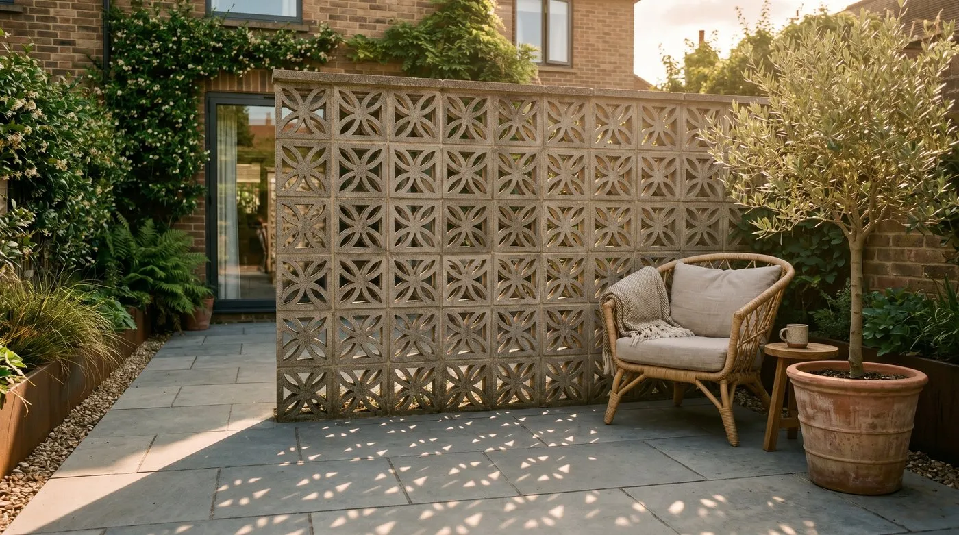 Geometric concrete screen blocks forming a decorative garden divider wall in a courtyard