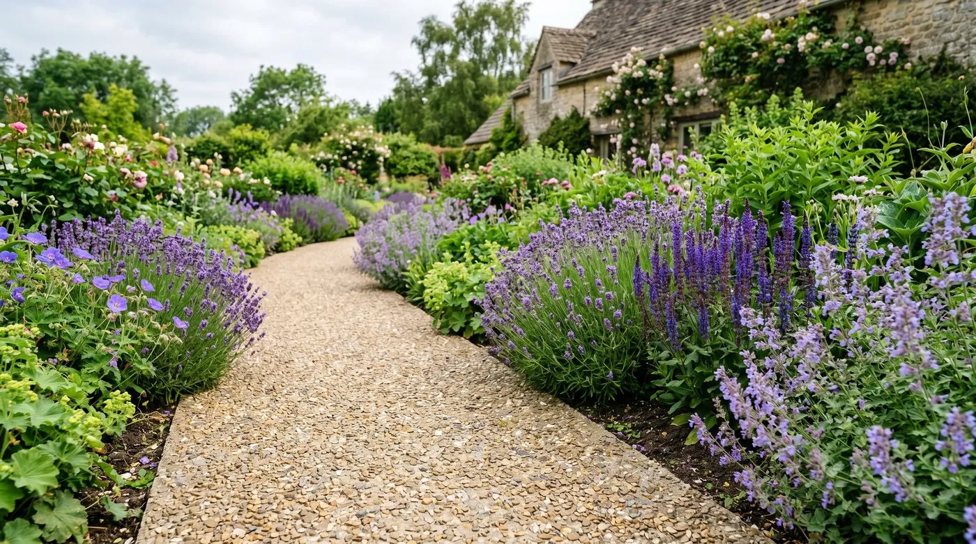 Exposed-aggregate concrete path curving through a planted UK cottage garden border