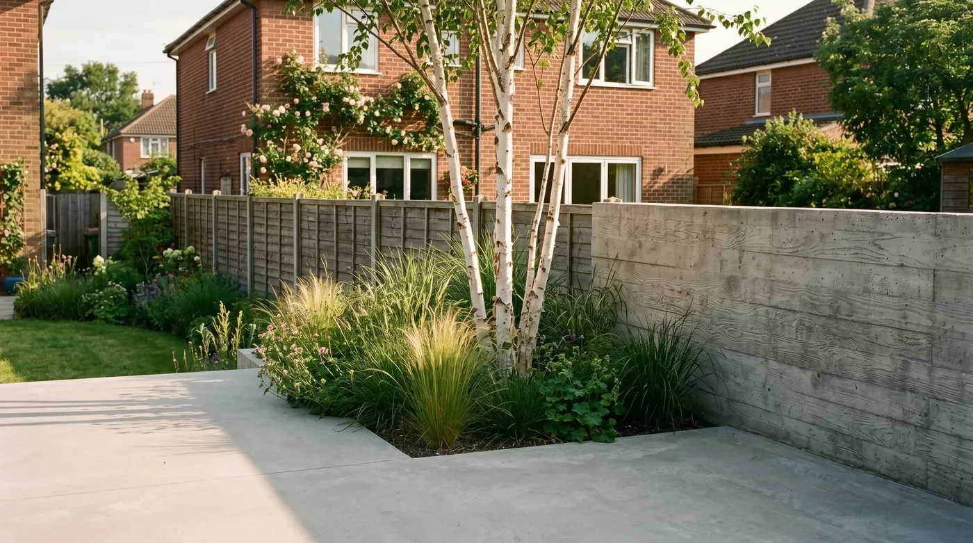 Poured concrete patio with board-formed wall and planting in a modern UK back garden