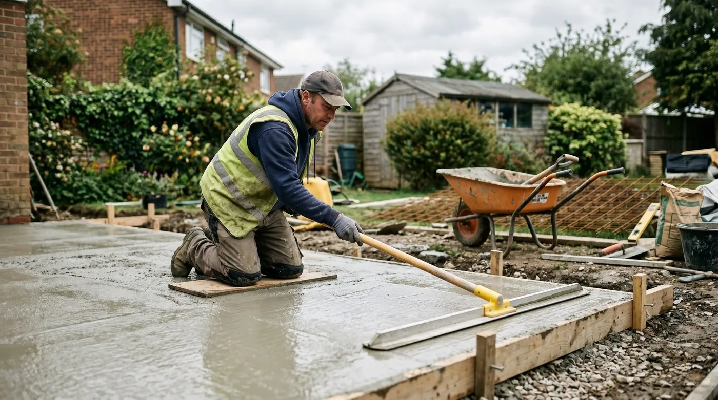 Freshly poured concrete patio being floated smooth in a modern UK back garden