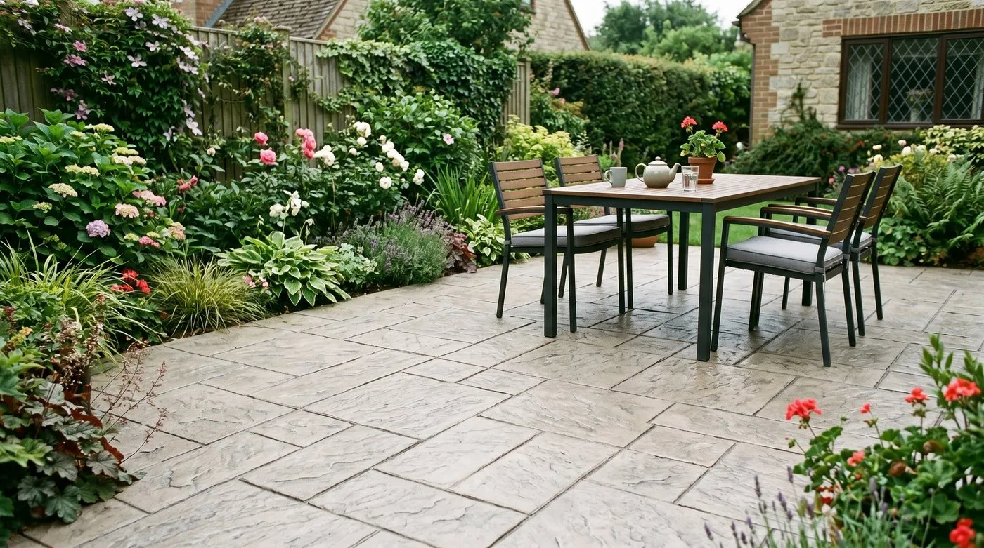 Stamped pattern-imprinted concrete patio coloured to mimic riven stone in a UK garden