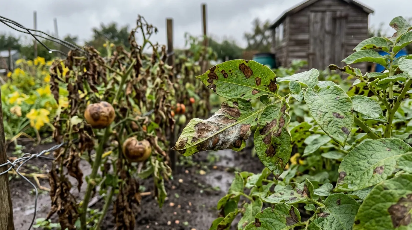 Late blight symptoms showing dark brown lesions on potato and tomato foliage in a UK allotment