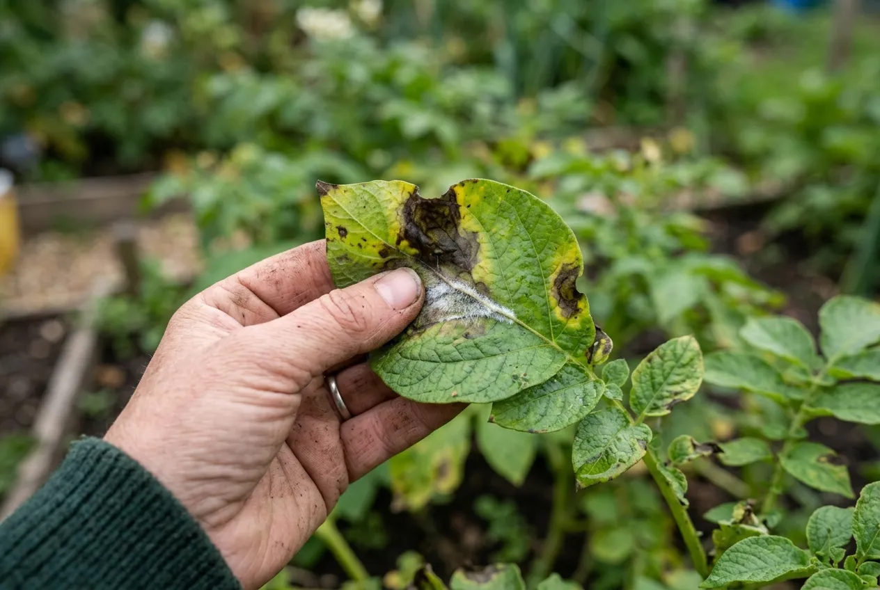 Late blight identification on a potato leaf showing dark brown lesions and white mould