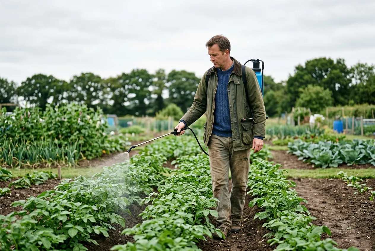 Late blight prevention by spraying copper fungicide on healthy potato plants in a UK allotment