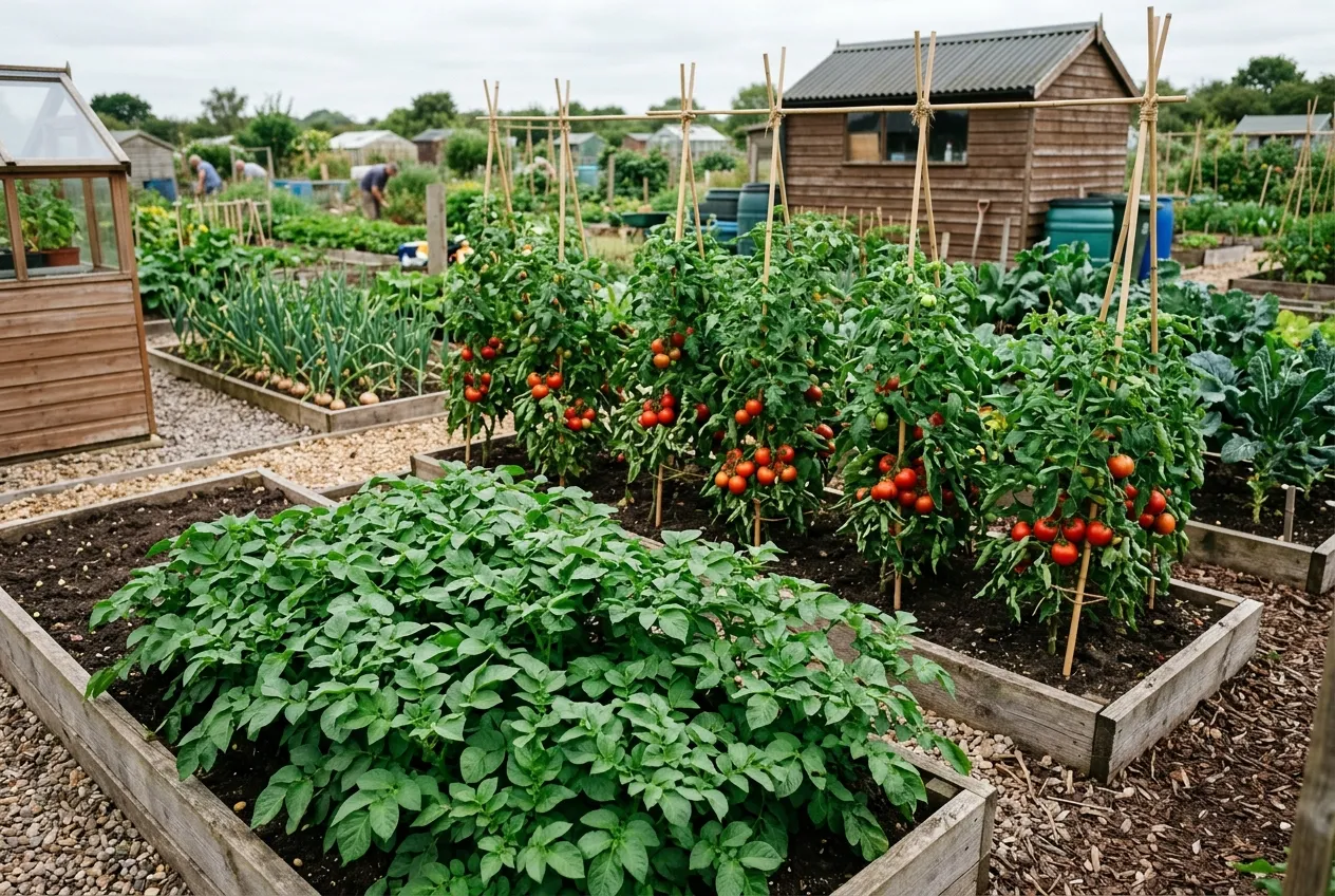Blight-resistant potato and tomato varieties growing healthily in a UK allotment