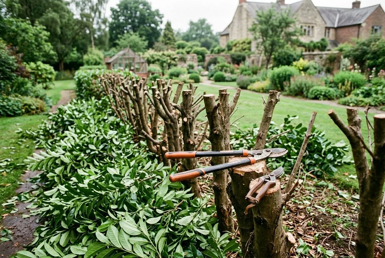 A cherry laurel hedge being cut hard back to bare healthy main stems for renovation in a UK garden, secateurs and loppers in use