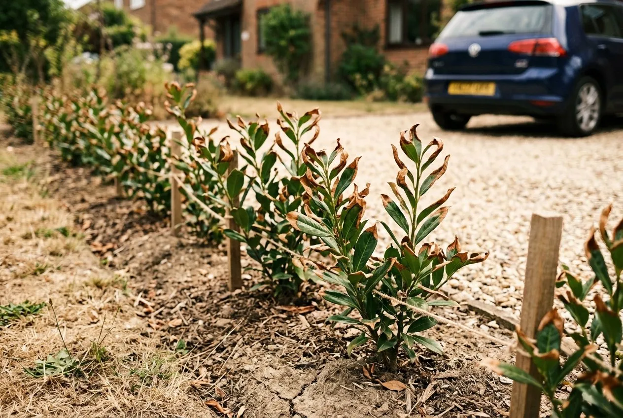 A young recently planted cherry laurel hedge along a UK driveway with crisp brown leaf edges from summer drought stress, the centre still green