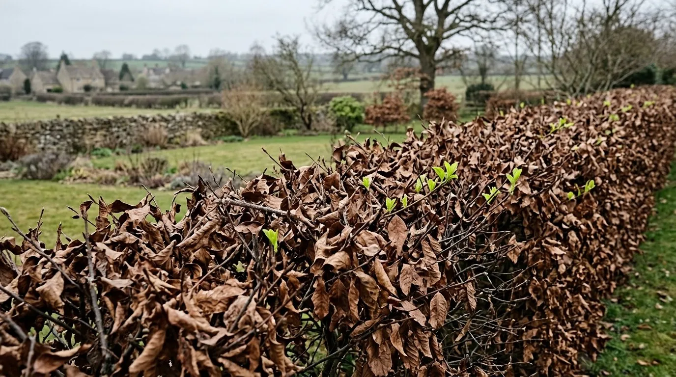A cherry laurel hedge browned all over after a hard UK winter from frost and cold-wind scorch, with fresh green shoots beginning to emerge in spring