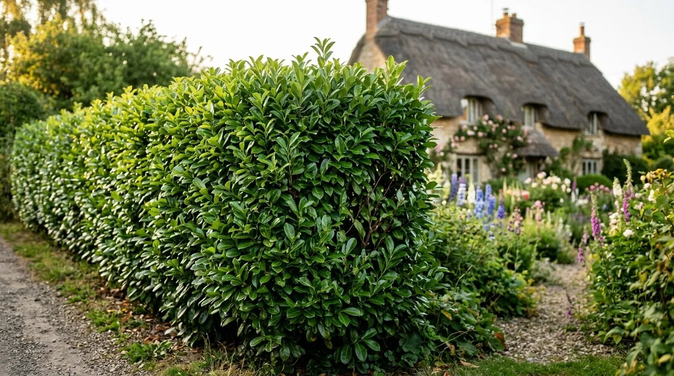 A healthy, glossy, dark-green cherry laurel hedge in full leaf along a UK cottage boundary, showing what a thriving laurel hedge looks like