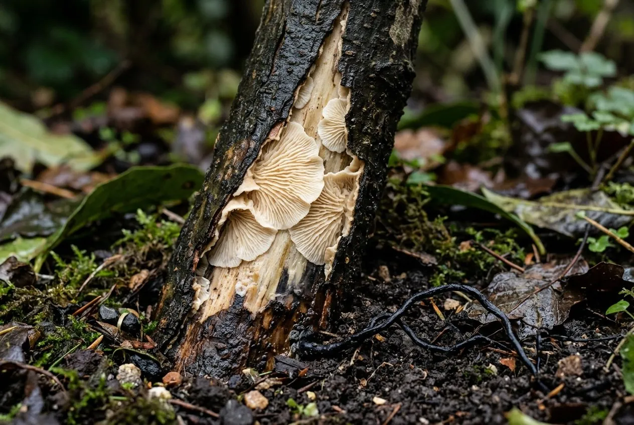 White fan-shaped honey fungus sheets revealed under the peeled-back bark at the base of a dead laurel stem in a UK garden