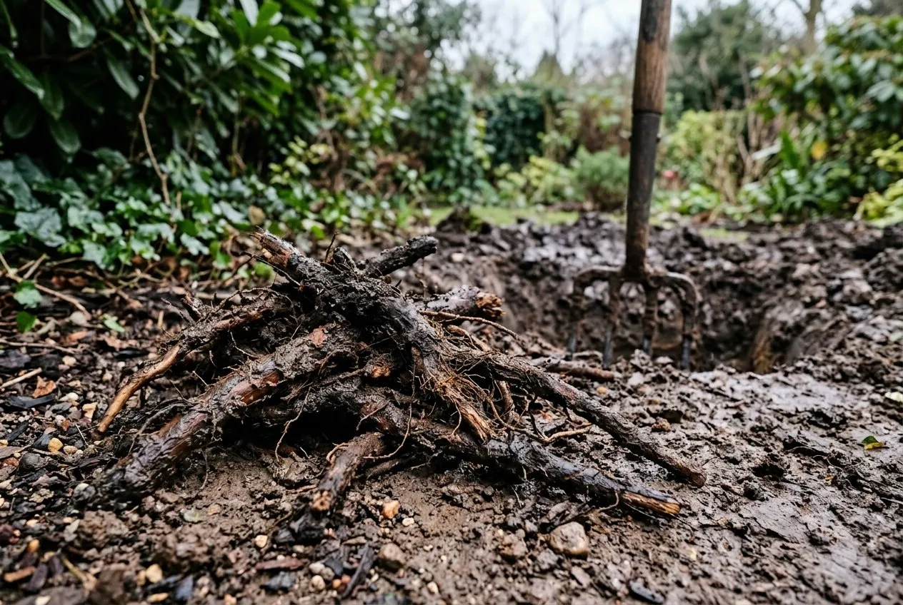 Dark, rotted laurel roots dug from heavy wet clay, soft and brown instead of firm and pale, showing Phytophthora root rot in a UK garden