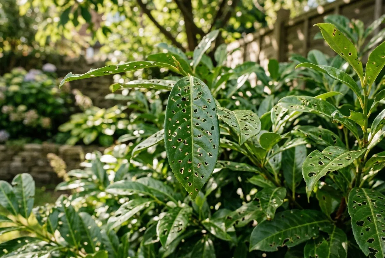 Cherry laurel leaves peppered with small round shothole holes in a UK hedge, a cosmetic problem that does not kill the plant