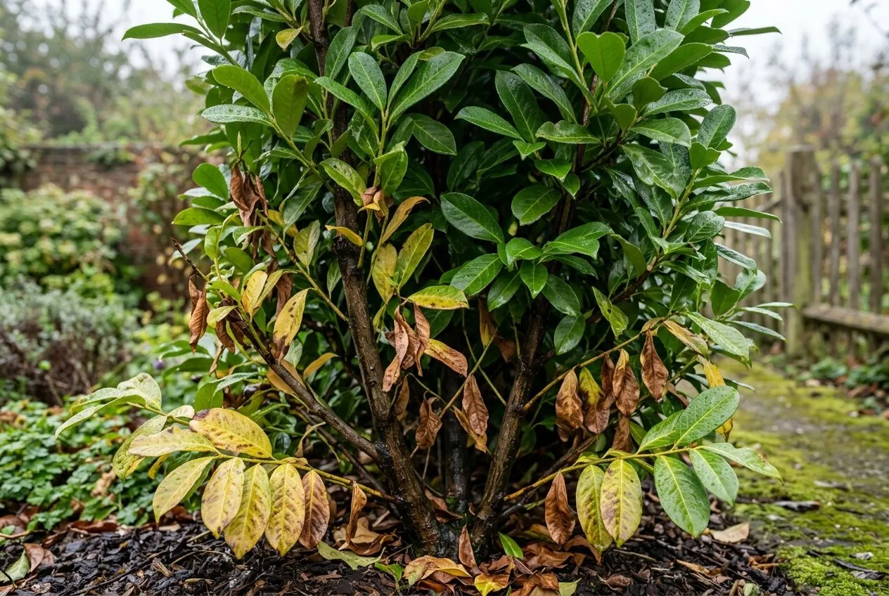 A cherry laurel hedge close-up showing leaves yellowing and browning from the lower stems upward, the classic Phytophthora root-rot pattern, in a UK back garden