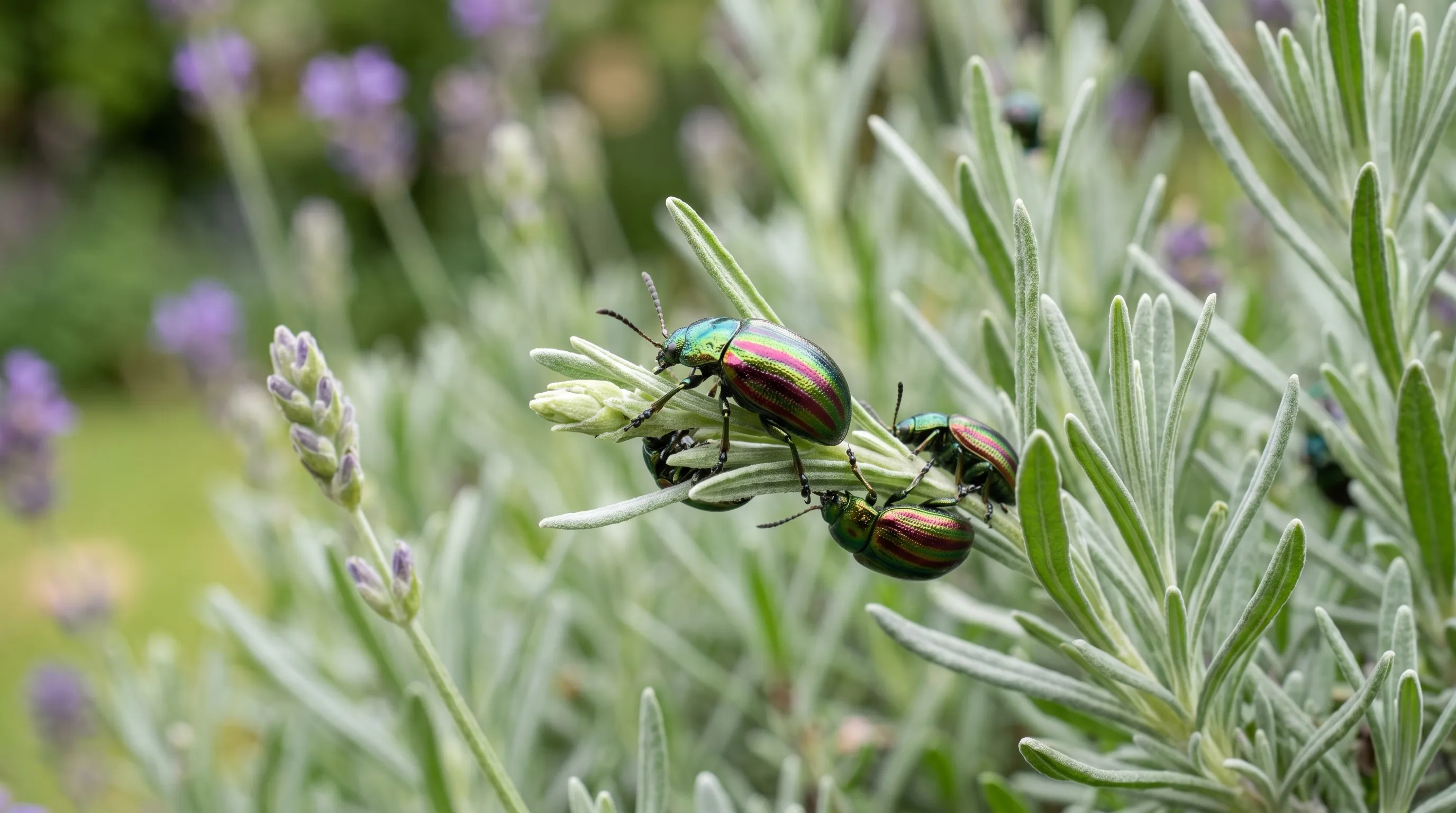A close-up of rosemary beetle adults on a UK lavender plant in May, the bright metallic green and purple striped beetles visible feeding on the new grey-green growth