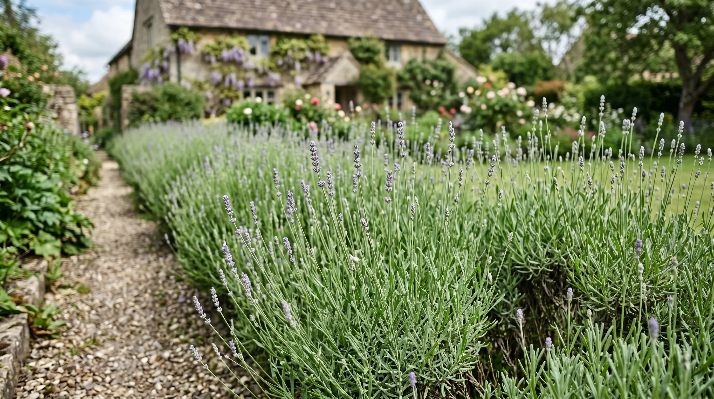 A UK lavender border in early June showing healthy plants with first flower stems extending above the dense grey-green foliage, just before peak flowering