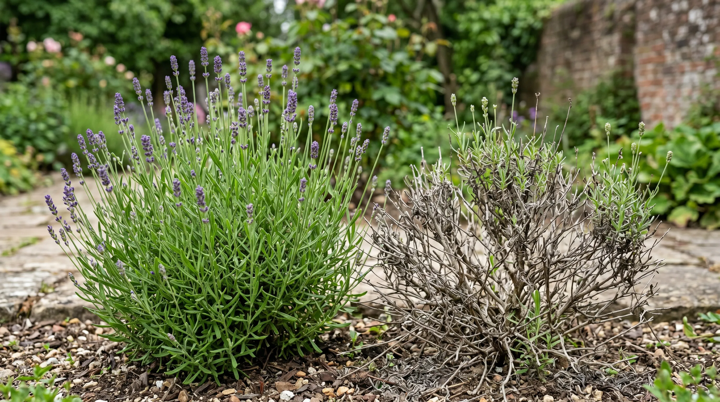 A diagnostic comparison of two UK lavender plants in late June, the left properly maintained showing healthy bud development, the right neglected showing dead winter wood and slow bud formation