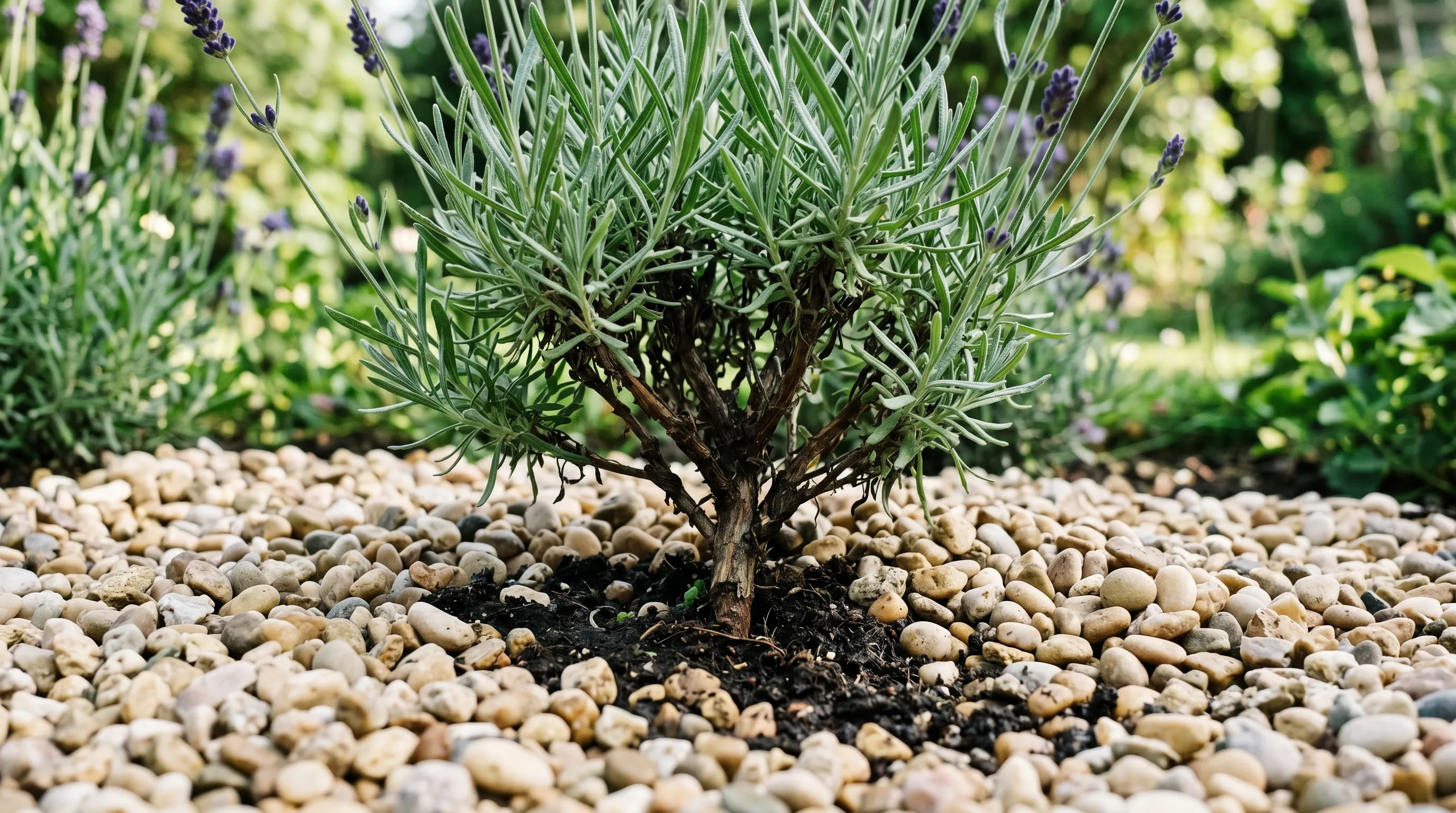 A close-up of a UK lavender plant with a 30mm gravel mulch applied around its base, the pale pea gravel clearly visible against the dark soil and grey-green foliage