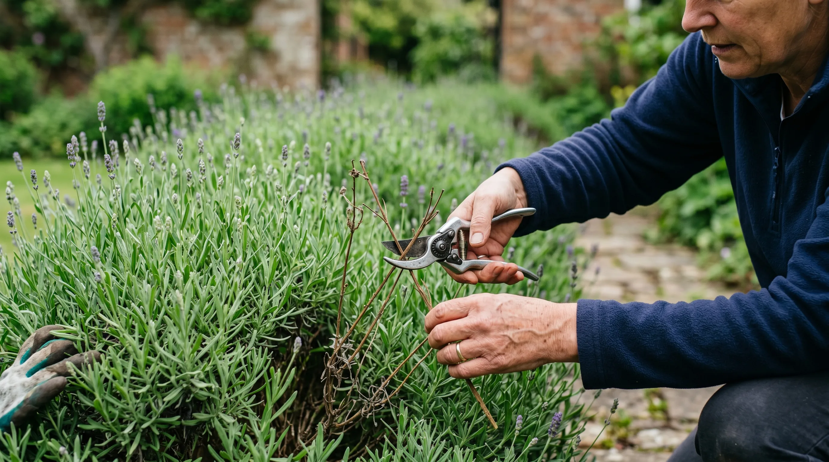 A close-up of a UK gardener doing a light May trim on a lavender plant, with sharp secateurs removing a few dead winter-damaged stems and leaving the bulk of the plant intact