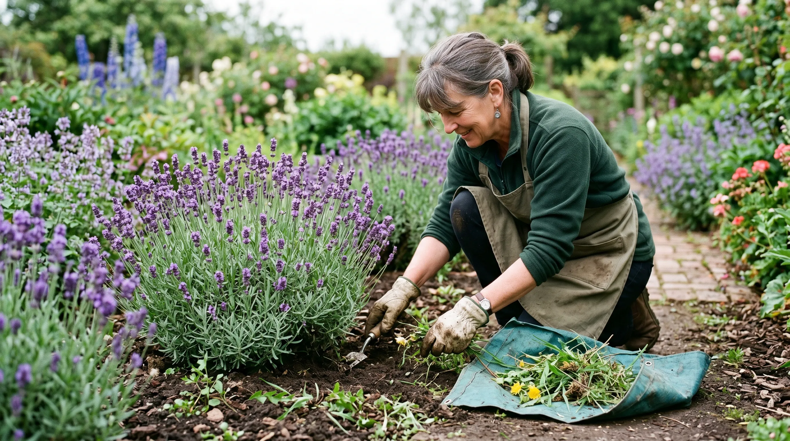 A UK gardener hand-weeding around the base of a lavender plant in May, with a 300mm clear zone visible around each plant and the weeds collected on a small tarp