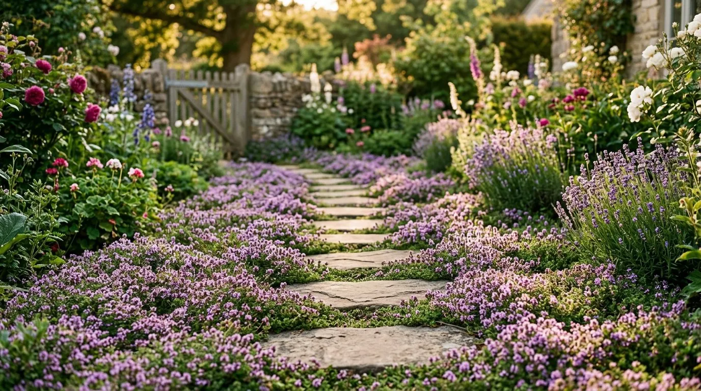 Creeping thyme ground cover with purple flowers between stone stepping stones