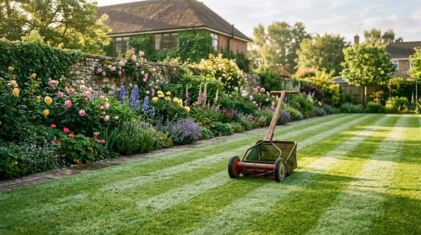 Well-maintained striped lawn in a UK garden with a push mower resting on the grass in morning light