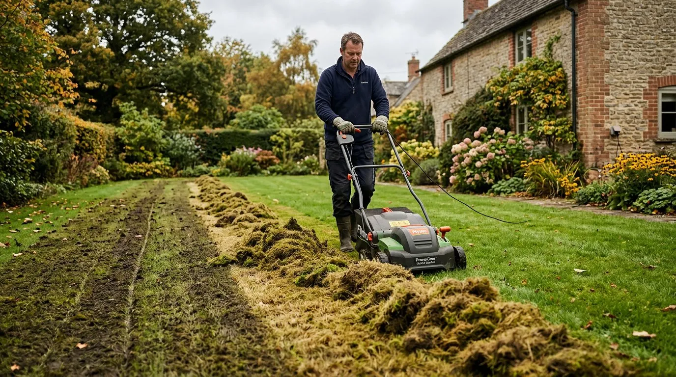 Electric scarifier on a UK lawn with piles of removed thatch and moss