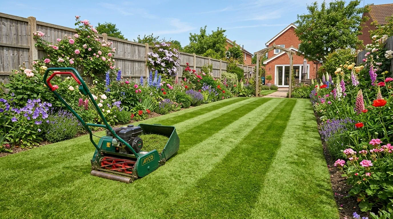 Well-maintained striped UK lawn in late spring with clean edges and a cylinder mower
