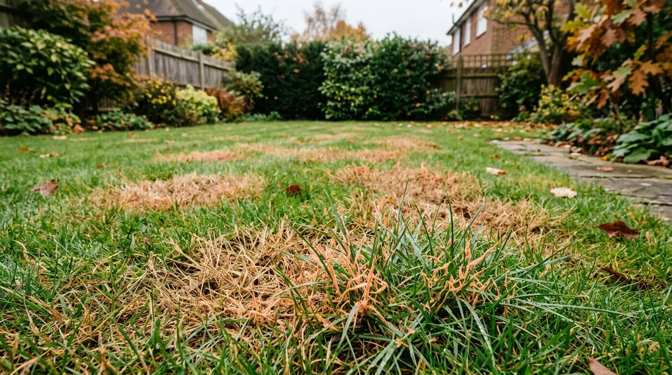 Close-up of a UK lawn showing pink-tinged red thread fungal disease patches on grass blades