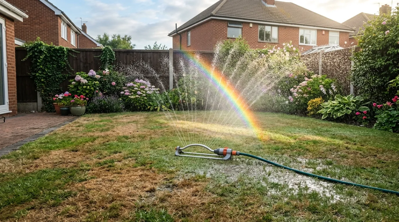 Oscillating sprinkler watering a partially recovering UK lawn in the early morning with sunlight catching the spray and a rainbow forming in the mist