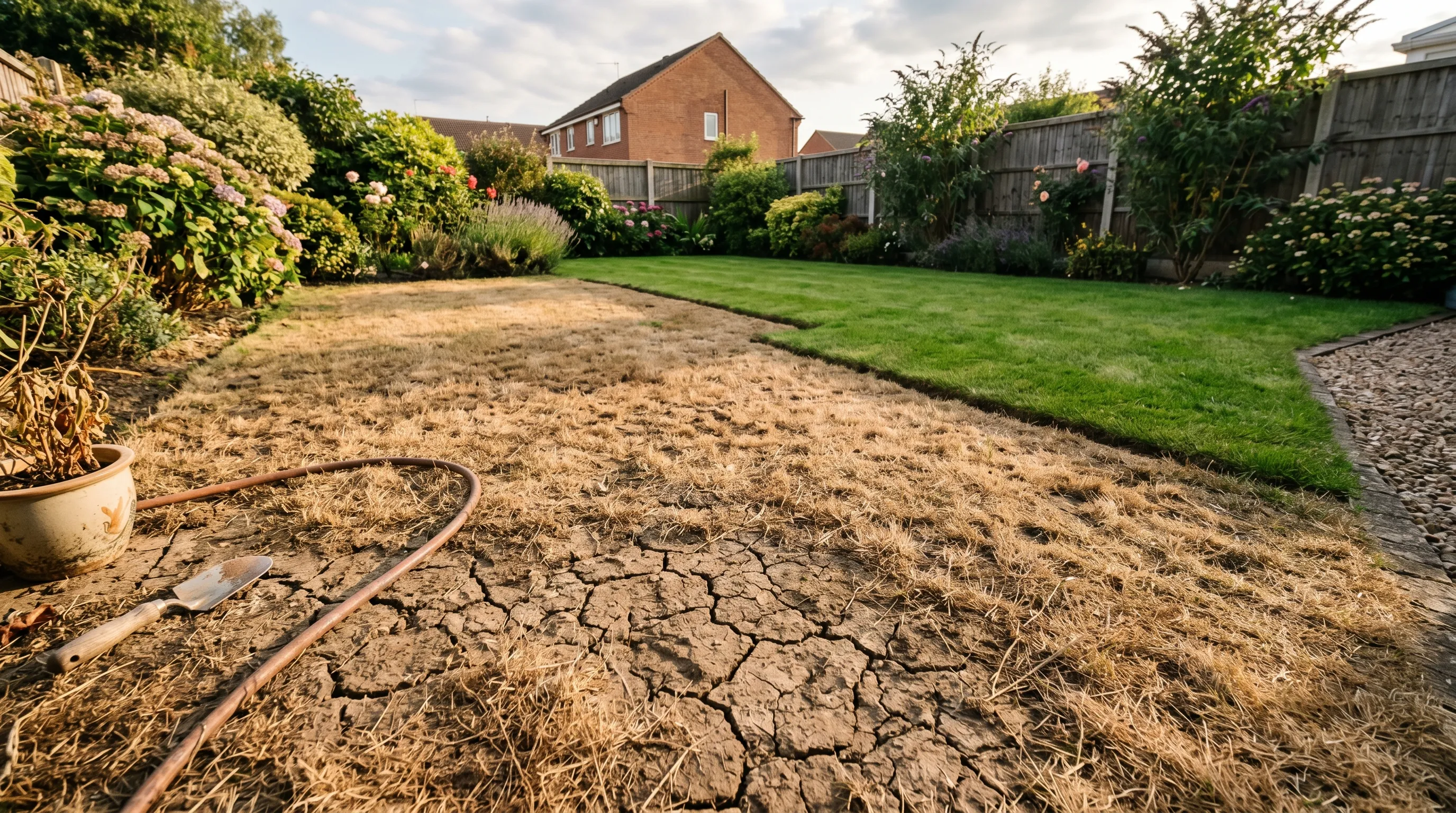 UK suburban back garden lawn split between brown drought-stressed turf in the foreground and recovering green grass in the background at golden hour