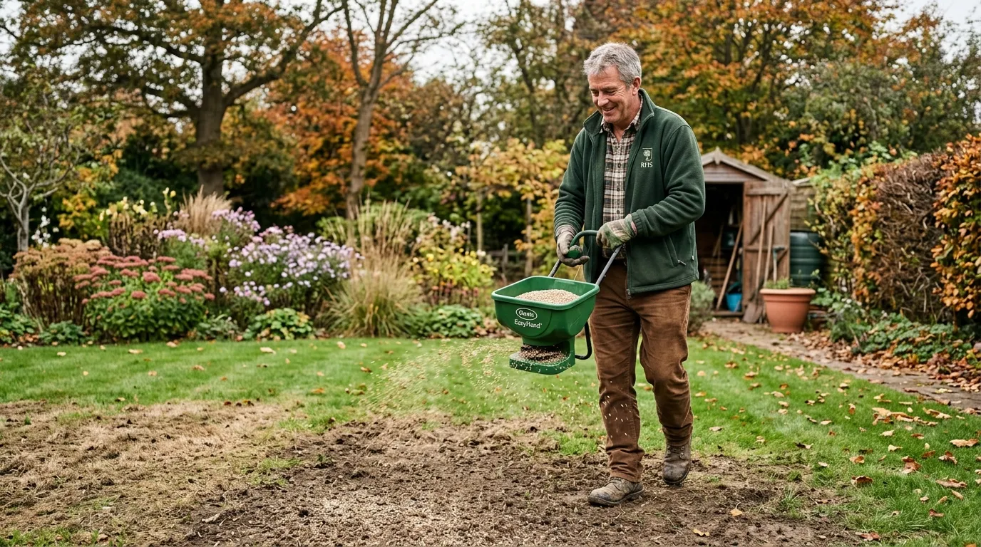 UK gardener broadcasting drought-tolerant tall fescue and ryegrass seed mix from a hand-spreader onto bare patches in a recovering lawn