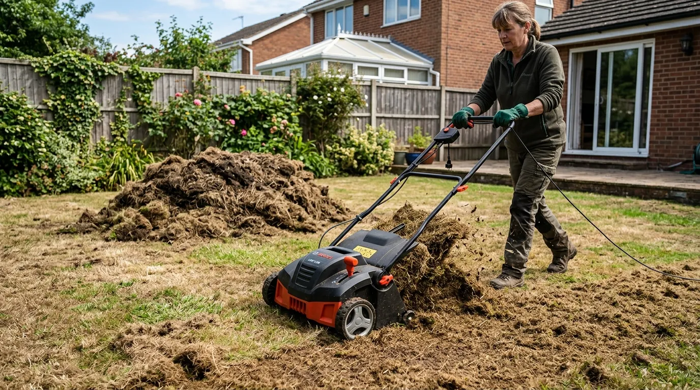 UK gardener using an electric scarifier to pull dead brown thatch from a drought-recovering lawn with piles of dead grass behind the machine
