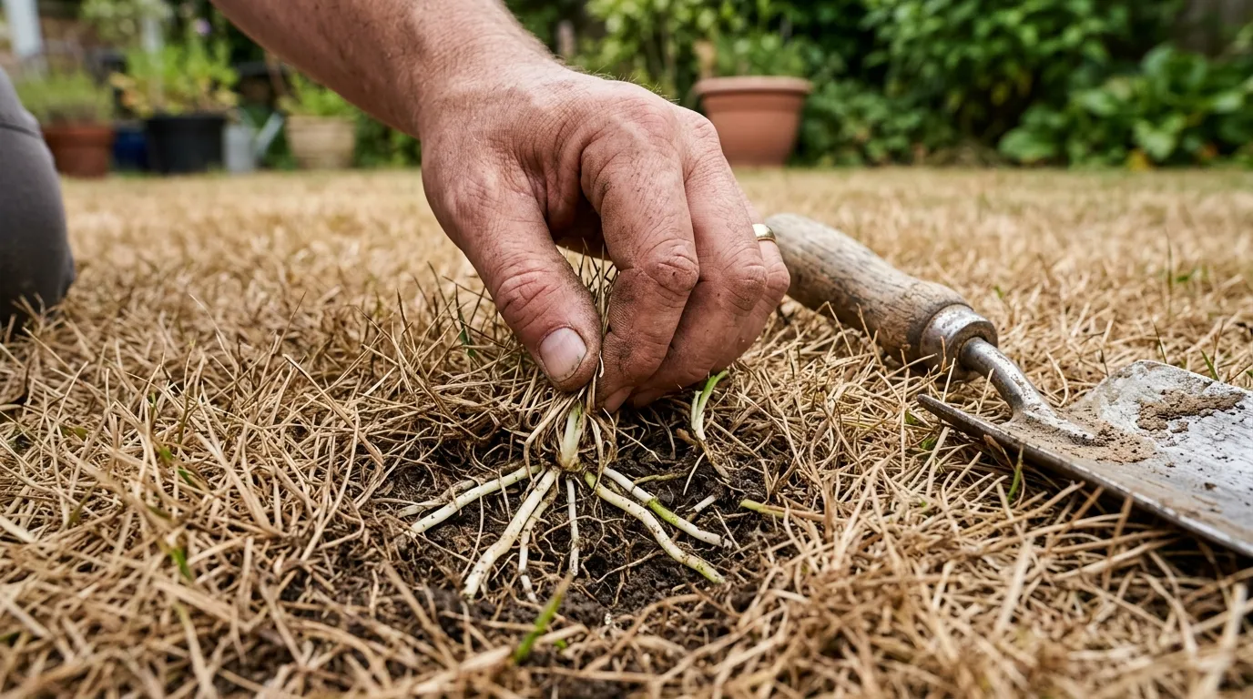 Close-up of a UK gardener's hand performing the scratch test on a brown drought-stressed lawn, parting the dry blades to reveal white living rhizome runners beneath