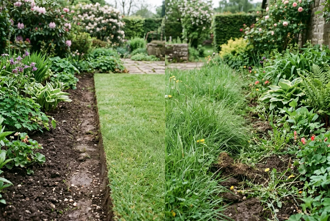 Side by side comparison of a crisp maintained lawn edge and a collapsed edge with grass invading the border