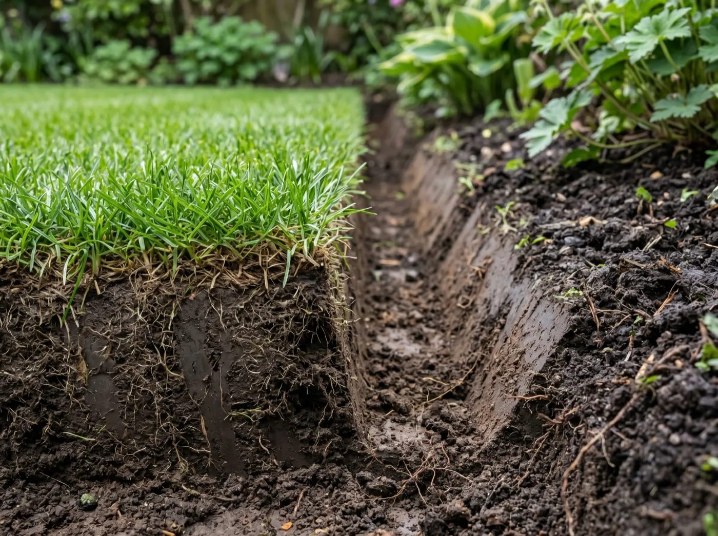 Cross-section of cut turf showing a deep angled gutter between lawn edge and border soil