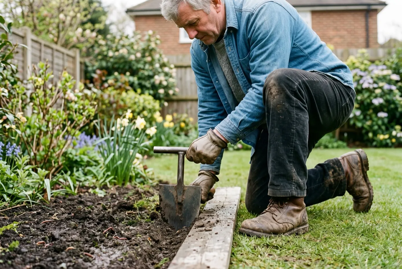 Gardener in his fifties wearing work boots driving a half-moon edging iron vertically against a plank on a lawn edge
