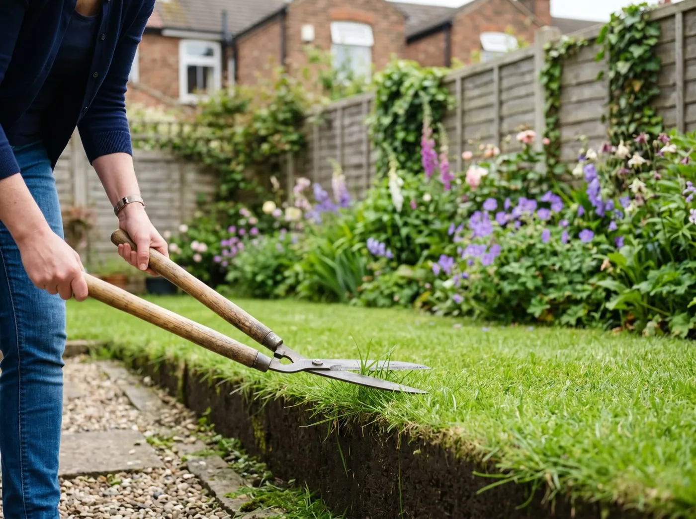 Long-handled edging shears trimming overhanging grass from a lawn edge in a small UK terrace garden