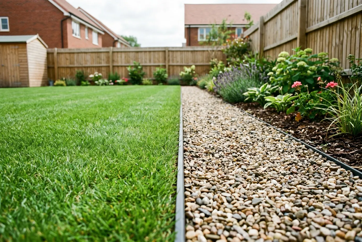 Steel edging strip set flush with turf between a lawn and a gravel border in a new-build estate garden