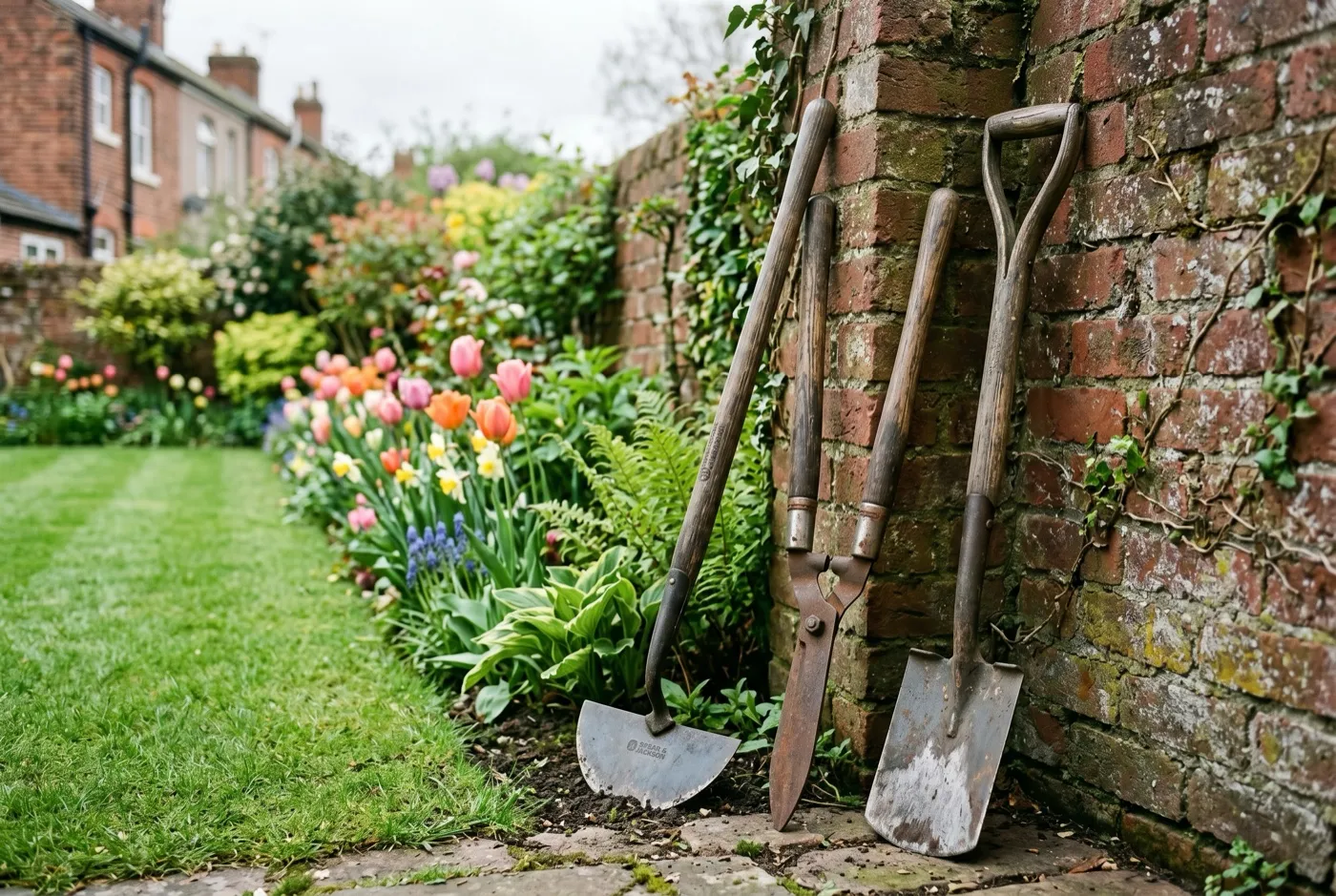 Half-moon edging iron, long-handled edging shears and a border spade leaning against a brick garden wall